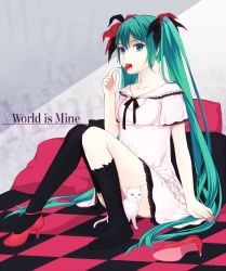 Rule 34 | 1girl, aqua eyes, cat, checkered floor, copyright name, dress, floor, food, fruit, green hair, hatsune miku, high heels, hiro satochi, long hair, mouth hold, shoes, single shoe, sitting, solo, strawberry, thighhighs, twintails, very long hair, vocaloid, world is mine (vocaloid)