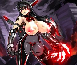 Rule 34 | 1girl, 774 (nanashi), android, black hair, blush, breastless clothes, breasts, breasts out, city, cowboy shot, curvy, cyborg, discreet vibrator, dutch angle, grin, huge breasts, mecha musume, motion blur, night, nipples, outdoors, red eyes, robot, sex toy, silver raina, smile, solo, vibrator