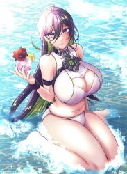 Rule 34 | 1girl, armband, bare shoulders, bikini, black hair, bodysuit, breasts, chain, cleavage, cleavage cutout, closed mouth, clothing cutout, cup, fumu (guriguri), goddess of victory: nikke, green hair, green nails, guilty (nikke), hair between eyes, hand up, highres, holding, holding cup, large breasts, long hair, looking at viewer, multicolored hair, purple eyes, sidelocks, sitting, solo, straitjacket, swimsuit, two-tone hair, very long hair, water, white bodysuit, wristband