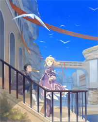 Rule 34 | 1boy, 1girl, alvin (tales), bird, blonde hair, boots, day, elize lutus, green eyes, knee boots, looking up, open mouth, purple footwear, sarai, sitting, sky, stairs, tales of (series), tales of xillia, wind
