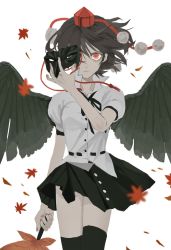 Rule 34 | 1girl, angry, belt, black ribbon, black skirt, black thighhighs, black wings, closed mouth, clothes lift, collared shirt, cowboy shot, eyelashes, feathered wings, fingernails, hair between eyes, hand fan, hat, highres, holding, holding fan, leaf, lips, maple leaf, mask, nail polish, nanasuou, pink nails, pleated skirt, pom pom (clothes), popped collar, puffy short sleeves, puffy sleeves, red eyes, red hat, ribbon, serious, shameimaru aya, shirt, short hair, short sleeves, simple background, skirt, skirt lift, solo, tengu mask, thighhighs, thighs, tokin hat, touhou, white background, white shirt, wind, wings, zettai ryouiki