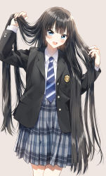 Rule 34 | 1girl, :d, absurdres, arm up, black hair, black jacket, blazer, blue eyes, blue necktie, blue skirt, blush, collared shirt, commentary request, diagonal-striped clothes, diagonal-striped necktie, diagonal-striped neckwear, grey background, hand up, highres, holding, holding own hair, jacket, long hair, long sleeves, looking at viewer, necktie, open clothes, open jacket, open mouth, original, pentagon (railgun ky1206), plaid, plaid skirt, pleated skirt, school uniform, shirt, simple background, skirt, smile, solo, striped clothes, striped necktie, striped neckwear, very long hair, white shirt