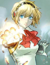 Rule 34 | 1girl, aegis (persona), android, arm cannon, blonde hair, blue eyes, bow, bowtie, bullet, collar, firing, glowing, glowing eyes, glowing hand, glowing weapon, green background, hair between eyes, hair intakes, hands up, highres, kokomi (aniesuakkaman), outstretched arms, persona, persona 3, red bow, red neckwear, shell casing, short hair, signature, simple background, smoke, smoke trail, solo focus, weapon, white collar