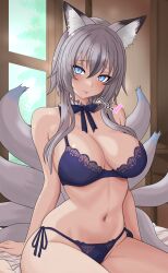 Rule 34 | 1girl, :p, absurdres, animal ear fluff, animal ears, bed, black bow, black bowtie, blue bra, blue eyes, blue panties, blue tail, blush, bow, bowtie, bra, breasts, choker, day, fox ears, fox girl, fox tail, frilled choker, frills, gradient tail, grey hair, grey tail, hair between eyes, highres, inari iroha, indoors, kitsune, kyuubi, large breasts, long hair, looking at viewer, multicolored hair, multiple tails, navel, noripro, panties, side-tie panties, sitting, skindentation, solo, stomach, streaked hair, string panties, tail, tongue, tongue out, underwear, virtual youtuber, white choker, window, yuichi3216