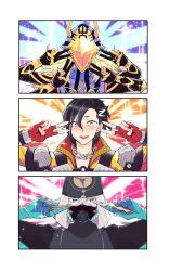 Rule 34 | 1boy, absurdres, armor, asclepius (fate), avicebron (fate), black hair, black jacket, blonde hair, cape, double v, emotional engine - full drive, fate/apocrypha, fate/grand order, fate (series), fingerless gloves, gloves, green eyes, hair between eyes, hands up, hat, highres, hood, hood up, hooded jacket, jacket, long hair, long sleeves, looking at viewer, male focus, mandricardo (fate), mask, multicolored hair, multiple boys, nijiomu, open mouth, parody, solo, sparkle, star (symbol), two-tone hair, upper body, v, white hair