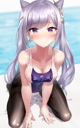 Rule 34 | 1girl, 3:, bare shoulders, blurry, blurry background, blush, breasts, cleavage, competition swimsuit, double bun, earrings, genshin impact, hair bun, highres, jewelry, keqing (genshin impact), leaning forward, long hair, looking at viewer, medium breasts, one-piece swimsuit, pantyhose, pantyhose under swimsuit, pool, purple eyes, purple hair, shirosaba, solo, swimsuit, very long hair, water