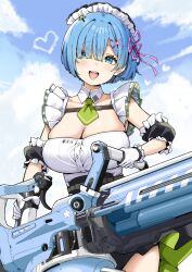 Rule 34 | 1girl, :d, absurdres, ascot, blue eyes, blue hair, blue sky, breasts, cleavage, cloud, commentary, day, gloves, goddess of victory: nikke, green ascot, gun, hair ornament, hair over one eye, hair ribbon, heart, highres, holding, holding gun, holding weapon, large breasts, looking at viewer, maid headdress, open mouth, outdoors, pink ribbon, re:zero kara hajimeru isekai seikatsu, rem (re:zero), ribbon, short hair, sky, sky-freedom, smile, solo, thighs, weapon, white gloves, x hair ornament