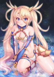 Rule 34 | 1girl, absurdres, bare shoulders, blonde hair, blue eyes, blush, bradamante (fate), bradamante (third ascension) (fate), braid, breasts, cleavage, cocoasabure, crossed bangs, elbow gloves, fate/grand order, fate (series), french braid, gloves, gluteal fold, hair between eyes, highres, kneeling, leotard, long hair, looking at viewer, medium breasts, navel, solo, thigh strap, twintails
