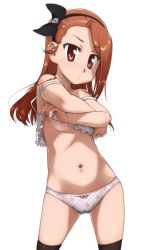 Rule 34 | 1girl, black thighhighs, bow, bow panties, brown eyes, brown hair, camisole, checkered clothes, checkered panties, hair bow, hairband, highres, idolmaster, idolmaster (classic), long hair, minase iori, navel, panties, petite, simple background, solo, strap slip, thighhighs, ttomm, underwear, undressing