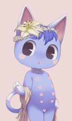 Rule 34 | 1girl, absurdres, animal crossing, animal ears, black eyes, blue hair, blush, blush stickers, brown background, brown dress, cat ears, cat tail, censored, censored nipples, choker, cowboy shot, dress, extra breasts, female focus, flat chest, flower, furry, furry female, hair flower, hair ornament, hand up, heart, heart censor, hibiscus, highres, jewelry, legs together, looking to the side, necklace, nintendo, off shoulder, open mouth, robot (pixiv 42325944), rosie (animal crossing), short hair, simple background, solo, standing, tail, white choker, white flower