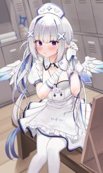 Rule 34 | 1girl, absurdres, amane kanata, amane kanata (nurse), angel wings, closed mouth, daran9, detached collar, dress, feathered wings, frilled dress, frills, gloves, hat, highres, hololive, id card, locker, locker room, long hair, looking at viewer, multicolored hair, nurse cap, pantyhose, purple eyes, short sleeves, sitting, solo, twintails, two-tone hair, tying hair, very long hair, virtual youtuber, white dress, white gloves, white hair, white hat, white pantyhose, wing collar, wings