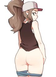 1girl ass bare_shoulders baseball_cap blue_eyes bottomless brown_hair cleft_of_venus clothes_pull creatures_(company) denim denim_shorts game_freak hat hilda_(pokemon) jacket long_hair looking_at_viewer looking_back nintendo pokemon pokemon_bw ponytail pussy short_shorts shorts shorts_pull smile solo tenguro uncensored white_background