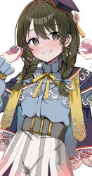 Rule 34 | 1girl, absurdres, belt, black belt, blue nails, blue ribbon, blue skirt, blush, braid, capelet, commentary, earrings, green eyes, green hair, hair ribbon, hands up, hat, highres, idolmaster, idolmaster shiny colors, jewelry, long hair, long sleeves, mortarboard, morumoru x, nail polish, nanakusa nichika, parted lips, ribbon, shirt, simple background, skirt, smile, solo, turtleneck, turtleneck shirt, twin braids, two-tone skirt, white background, yellow ribbon