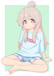Rule 34 | 1girl, :/, ahoge, bare legs, barefoot, border, boxers, brown eyes, collarbone, colored inner hair, commentary, full body, green background, grey hair, hair between eyes, highres, legs, looking at viewer, male underwear, multicolored hair, off shoulder, onii-chan wa oshimai!, outside border, oversized clothes, oversized shirt, oyama mahiro, pink hair, rundraw, shirt, sidelocks, simple background, sitting, solo, striped male underwear, t-shirt, toes, two-tone hair, underwear, white border