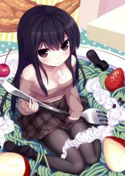 Rule 34 | 1girl, absurdres, bare shoulders, black eyes, black hair, black pantyhose, breasts, cleavage, cream, food, food on body, food on face, fork, fruit, highres, in food, loafers, long hair, looking at viewer, minamura haruki, mini person, minigirl, navel, pantyhose, pasta, plaid, plaid skirt, pleated skirt, scan, shoes, single shoe, sitting, skirt, smile, solo, strawberry, wariza