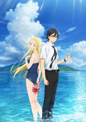 Rule 34 | 1boy, 1girl, absurdres, ajiro shinpei, back-to-back, bare arms, bare shoulders, belt, black belt, black hair, black necktie, black pants, blonde hair, blue eyes, blue one-piece swimsuit, cloud, competition school swimsuit, day, feet out of frame, flower, heterochromia, highres, holding, holding flower, holding jewelry, holding necklace, island, jewelry, key visual, kneepits, kofune ushio, long hair, looking at viewer, looking to the side, necklace, necktie, ocean, official art, one-piece swimsuit, outdoors, pants, promotional art, red flower, school swimsuit, shallow water, shirt, short sleeves, sky, spider lily, standing, summertime render, swimsuit, very long hair, wading, water, white shirt