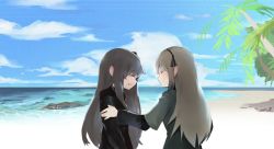 Rule 34 | 2girls, :d, bad id, bad pixiv id, beach, black hairband, black jacket, blue sky, brown hair, closed eyes, closed mouth, cloud, cloudy sky, day, dokomon, facing another, girls&#039; frontline, green jacket, hair between eyes, hair ornament, hairband, highres, horizon, jacket, layered sleeves, long hair, long sleeves, multiple girls, ocean, open mouth, outdoors, palm tree, profile, sand, short over long sleeves, short sleeves, sky, smile, tears, tree, ump40 (girls&#039; frontline), ump45 (girls&#039; frontline), upper body, very long hair, water