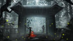 Rule 34 | 1other, ambiguous gender, bad id, bad pixiv id, commentary request, fireflies, forest, highres, holding, kagikura, nature, original, outdoors, rain, scenery, shrine, signature, solo, standing, stone lantern, tree