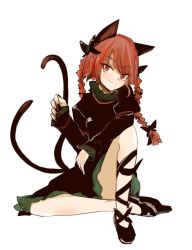 Rule 34 | 1girl, animal ears, arm on knee, black dress, black footwear, black ribbon, bow, braid, cat ears, cat tail, closed mouth, dress, frilled dress, frills, hair bow, kaenbyou rin, knees up, leg ribbon, long hair, long sleeves, looking at viewer, multiple tails, necro (nekurodayo), nekomata, one-hour drawing challenge, red eyes, red hair, ribbon, side braids, simple background, sitting, smile, solo, tail, touhou, twin braids, two tails, white background