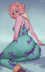 Rule 34 | 1girl, ashido mina, ass, back, bare shoulders, black sclera, blush, boku no hero academia, breasts, cleavage, colored sclera, colored skin, highres, horns, huge ass, large breasts, pink hair, pink skin, shexyo, short hair, smile, solo, thick thighs, thighs, vest, yellow eyes