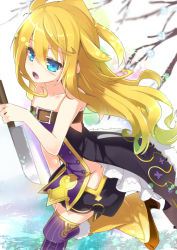 Rule 34 | 1girl, bad id, bad pixiv id, blonde hair, blue eyes, boots, holding, knife, long hair, looking at viewer, nyori, open mouth, original, solo, thighhighs, branch, walking, zettai ryouiki