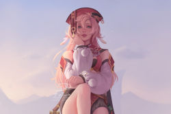 Rule 34 | antlers, artist name, bare shoulders, black bra, black shorts, bra, cliff, collar, commentary, crop top, detached sleeves, english commentary, eollynart, genshin impact, green eyes, highres, horns, instagram username, outdoors, parted lips, pink hair, pom pom (clothes), red headwear, shorts, solo, twitter username, underwear, watermark, web address, white sleeves, yanfei (genshin impact)