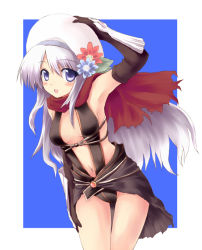 Rule 34 | 1girl, armor, armpits, assassin cross (ragnarok online), black cape, black gloves, black leotard, blue background, blue flower, blush, breasts, cape, commentary request, cowboy shot, elbow gloves, flower, gloves, grey eyes, hair between eyes, hand on own head, hat, hat flower, leotard, long hair, looking at viewer, medium breasts, navel, nirap, open mouth, pauldrons, ragnarok online, red flower, red scarf, revealing clothes, scarf, shoulder armor, smile, solo, tam (ragnarok online), torn cape, torn clothes, torn scarf, two-tone background, waist cape, white background, white hair, white hat