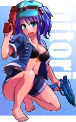 Rule 34 | 1girl, :d, absurdres, barefoot, bikini, blue eyes, blue hair, blush, breasts, character name, cleavage, cocked eyebrow, collarbone, covered erect nipples, dual wielding, goggles, goggles on head, gradient background, gun, hair bobbles, hair ornament, hat, head tilt, highres, holding, jacket, kawashiro nitori, key, legs, matching hair/eyes, medium breasts, naughty face, navel, open mouth, smile, solo, squatting, swimsuit, tanakara, teeth, touhou, two side up, water gun, weapon, wet