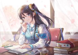 Rule 34 | armband, black hair, blue vest, highres, krt girls, long hair, long sleeves, one side up, parted bangs, shirt, smile, vest, xiao qiong