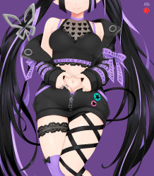 Rule 34 | 1girl, bare shoulders, black bow, black hair, black jacket, black shirt, black shorts, bow, breasts, closed mouth, collarbone, dated, head out of frame, heart, heart hands, highres, jacket, kojo anna, kojo anna (1st costume), long hair, long sleeves, medium breasts, multicolored hair, nanashi inc., navel, open clothes, open jacket, pointy ears, puffy long sleeves, puffy sleeves, purple background, purple hair, purple thighhighs, shirt, short shorts, shorts, single thighhigh, sleeveless, sleeveless shirt, sleeves past wrists, smile, solo, streaked hair, sugar lyric, tail, temari rin, thighhighs, twintails, very long hair, virtual youtuber