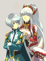 Rule 34 | 10s, 1girl, bad id, bad pixiv id, bishounen, hairband, jewelry, lailah (tales), long hair, mikleo (tales), open mouth, ponytail, purple eyes, short hair, smile, tales of (series), tales of zestiria, tasasakiamagu, very long hair, white hair