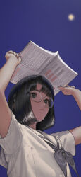 Rule 34 | 1girl, absurdres, arms up, blue sky, book, closed mouth, commentary, covering head, day, english commentary, from below, glasses, highres, holding, holding book, hot, neckerchief, nizuma, open book, original, outdoors, ringed eyes, sailor collar, school uniform, shirt, short hair, short sleeves, sky, solo, sun, sweat, textless version, upper body, white sailor collar, white shirt