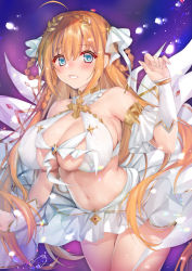 Rule 34 | 1girl, ahoge, bare shoulders, blue eyes, blush, braid, braided hair rings, breasts, collarbone, hair rings, highres, large breasts, long hair, looking at viewer, obiwan, open mouth, orange hair, pecorine (princess connect!), princess connect!, purple background, solo, thighs, yui (ceremonial) (princess connect!), yui (princess connect!)