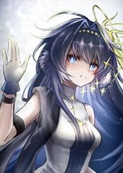 Rule 34 | 1girl, 3 (sanyako1), arknights, astesia (arknights), blue hair, gloves, hair intakes, halo, hand up, highres, long hair, shirt, simple background, solo, star (symbol), upper body, waving, white background, white gloves, white shirt