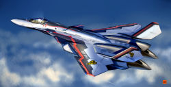 Rule 34 | 1other, absurdres, aircraft, airplane, ambiguous gender, asterozoa, canopy (aircraft), cloud, fighter jet, flying, from side, helmet, highres, jet, macross, macross 30, military, military vehicle, science fiction, sky, solo, vehicle focus, yf-30