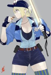 Rule 34 | 1girl, baton (weapon), belt, blonde hair, blue eyes, breasts, capcom, cleavage, curvy, final fight, final fight 3, fingerless gloves, gloves, hat, hiroshi mono, large breasts, lucia morgan, police, police badge, police hat, police uniform, policewoman, ponytail, shiny skin, shorts, sidelocks, street fighter, street fighter v, striped clothes, striped thighhighs, sunglasses, sunglasses on head, thick thighs, thighhighs, thighs, uniform, weapon, whistle, whistle around neck
