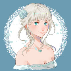 Rule 34 | 1girl, artist name, bare shoulders, blue background, blue eyes, breasts, fena houtman, flower, hair flower, hair ornament, heart, heart necklace, highres, jewelry, kaizoku oujo, long hair, looking at viewer, necklace, portrait, shiki nemuu, small breasts, smile, solo, white hair