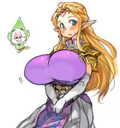 Rule 34 | 1boy, 1girl, alternate breast size, armor, blonde hair, blue eyes, blush, breasts, circlet, cowboy shot, earrings, facing viewer, huge breasts, jewelry, long hair, looking at viewer, nintendo, open mouth, pauldrons, perky breasts, pointy ears, princess zelda, sachito, shoulder armor, simple background, solo, standing, the legend of zelda, tingle, triangle mouth, triforce, white background
