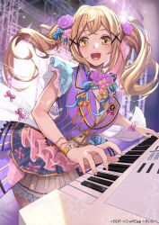 Rule 34 | 1girl, bang dream!, blonde hair, copyright notice, floral print, flower, hair flower, hair ornament, highres, ichigaya arisa, instrument, keyboard (instrument), long hair, looking at viewer, official art, open mouth, pink flower, pink rose, ribbon, rose, twintails, untue, x hair ornament, yellow ribbon