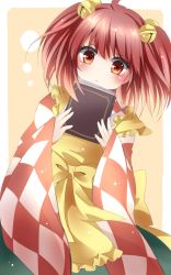 Rule 34 | 1girl, :&lt;, apron, bell, book, brown hair, hair bell, hair ornament, holding, holding book, japanese clothes, motoori kosuzu, orange eyes, tamichan, touhou, twintails, two side up