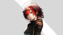 Rule 34 | 1girl, arknights, black jacket, brown eyes, commentary, exusiai (arknights), exusiai (wild operation) (arknights), eyewear on head, grey background, halo, highres, jacket, looking at viewer, mackia, official alternate costume, red hair, short hair, solo, sunglasses, upper body
