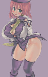 Rule 34 | 1girl, asanagi, beret, blush, boots, bottomless, breasts, bursting breasts, cleavage, dagger, fang, fantasy earth, green eyes, hat, huge breasts, knife, lace, lace-trimmed panties, lace trim, large breasts, looking at viewer, no bra, open mouth, panties, purple background, purple theme, purple thighhighs, red hair, simple background, smile, solo, thighhighs, thighs, underwear, weapon, white panties, wide hips