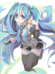 Rule 34 | 1girl, absurdres, blue eyes, blue hair, cellphone, detached sleeves, hatsune miku, headphones, highres, long hair, looking at viewer, matching hair/eyes, necktie, phone, reiga (act000), skirt, smartphone, solo, thighhighs, twintails, very long hair, vocaloid