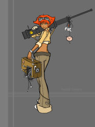 Rule 34 | 1990s (style), 1girl, brown eyes, cable, carrying, carrying over shoulder, character name, cowboy bebop, crop top, edward wong hau pepelu tivrusky iv, goggles, goggles on head, gun, highres, looking at viewer, midriff, pants, parted lips, red hair, suitcase, vikalc, weapon