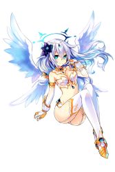 Rule 34 | 10s, 1girl, angel wings, aqua eyes, bare shoulders, black heart (neptunia), breasts, cleavage, collar, elbow gloves, flower, four goddesses online: cyber dimension neptune, gloves, hair flower, hair ornament, halo, highres, jewelry, long hair, looking at viewer, medium breasts, midriff, navel, neptune (series), noire (neptunia), official art, power symbol, power symbol-shaped pupils, simple background, smile, solo, symbol-shaped pupils, thighhighs, tsunako, white background, white hair, wings