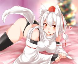 Rule 34 | 1girl, all fours, animal ear fluff, animal ears, artist request, ass, bed, black panties, blush, breasts, christmas tree, covered erect nipples, curvy, detached sleeves, fingerless gloves, gloves, hat, heart, houkai (collapse illust), inubashiri momiji, japanese clothes, large breasts, looking at viewer, no skirt, open mouth, panties, shirt, sleeveless, sleeveless shirt, smile, tail, thick thighs, thighhighs, thighs, tokin hat, touhou, underwear, white hair, white shirt, wolf ears, yellow eyes