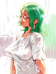 Rule 34 | breasts, glasses, green eyes, green hair, igarashi mangou, large breasts, rain, see-through, solo, wet, wet clothes