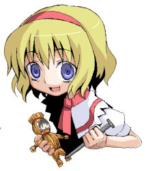 Rule 34 | 1girl, alice margatroid, blonde hair, blue eyes, blush, bohemian archive in japanese red, bow, capelet, female focus, hairband, hakurei reimu, looking at viewer, nail, needle, open mouth, photo (object), puffy short sleeves, puffy sleeves, short hair, short sleeves, simple background, solo, straw doll, touhou, upper body, voodoo, voodoo doll, white background, yandere