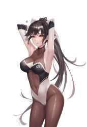 Rule 34 | 1girl, armpits, arms up, azur lane, bare shoulders, black hair, bodysuit, bow, breasts, brown eyes, cameltoe, center opening, cleavage, cleavage cutout, cleft of venus, clothing cutout, collarbone, contrapposto, covered navel, cowboy shot, dancing, elbow gloves, frown, gloves, groin, hair bow, highleg, highleg leotard, highres, kie (wylee2212), leotard, long hair, looking at viewer, me!me!me!, me!me!me! dance (meme), medium breasts, meme, official alternate costume, pantyhose, parted lips, ponytail, race queen, solo, squiggle, standing, takao (azur lane), takao (full throttle charmer) (azur lane), very long hair, white bow