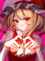 Rule 34 | commentary, fingernails, flandre scarlet, grey hat, hair between eyes, hat, highres, long fingernails, mob cap, pink background, simple background, symbol-only commentary, tagme, touhou, waramori fuzuka